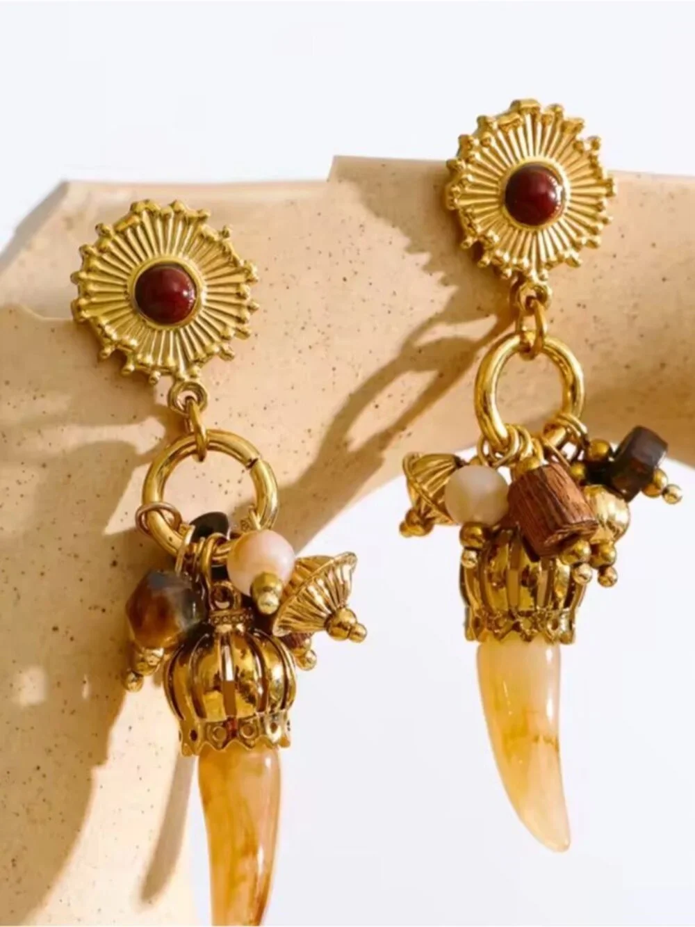 Vintage Gold Drop Earrings with Brown and Cream Accents
